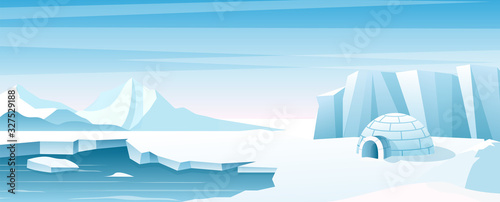 Arctic landscape with ice house flat vector illustration