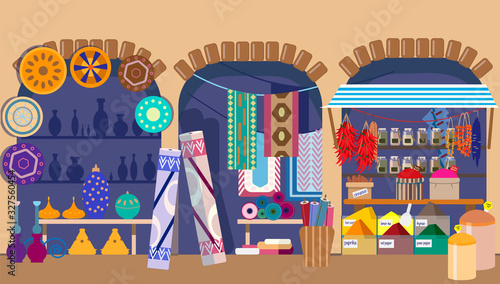 Asian street market with pottery, carpets and spices stores. Indian bazaar. Flat vector illustration.