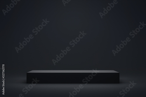 Black podium or pedestal display on dark background with long platform. Blank product shelf standing backdrop. 3D rendering.