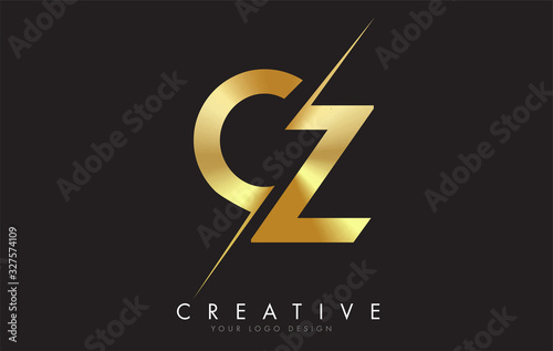 CZ C Z Golden Letter Logo Design with a Creative Cut.