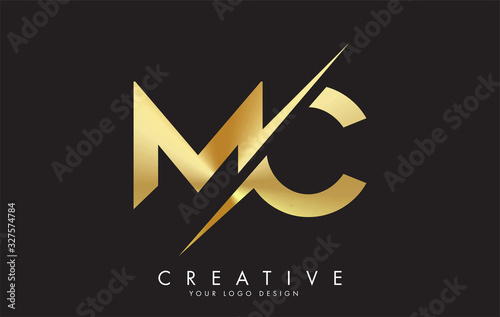 MC M C Golden Letter Logo Design with a Creative Cut.
