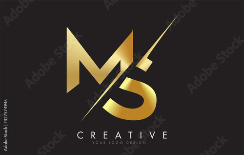 MS M S Golden Letter Logo Design with a Creative Cut.