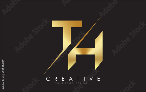TH T H Golden Letter Logo Design with a Creative Cut.