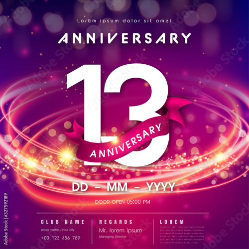 13 years anniversary logo template on purple Abstract futuristic space background. modern technology design celebrating numbers with Hi-tech network digital technology concept design elements.