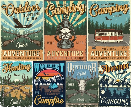 Vintage hunting and camping colorful posters