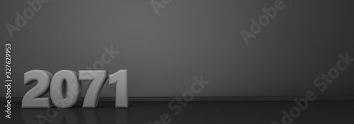 3d rendering of "2071" word on gray background and reflective black floor.