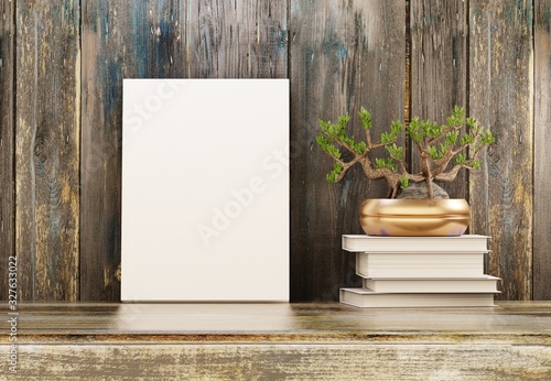 Book template with white cover on a wooden shelf next to the plant. Presentation of a new book. Interior of a country house. 3D rendering.