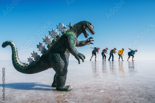 Tourists Running from Scary Dinosaur Forced Perspective, Uyuni Salt Flats aka Salar de Uyuni, Bolivia, South America