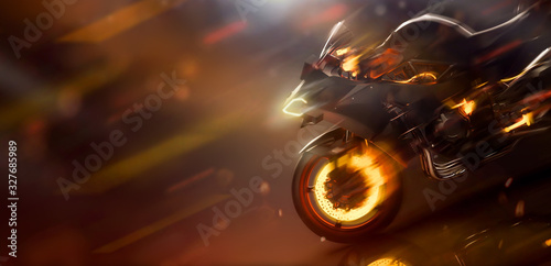 Futuristic high speed racing motorcycle scene with highlighted brake system (3D Illustration) 