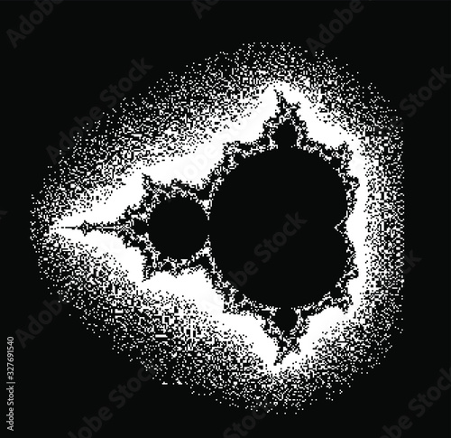 Mandelbrot set, complex fractal shape in pixel art 1-bit style.