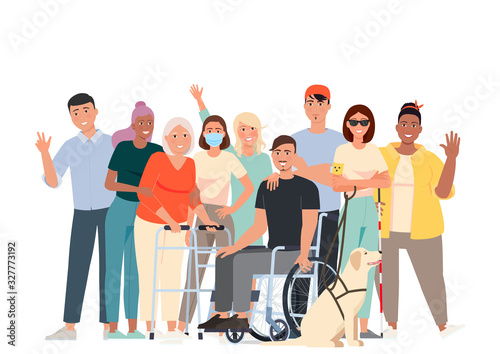 Vector illustration of people with disabilities. Volunteers, students and a man in a wheelchair, a blind girl with a guide dog, a girl with psoriasis, a girl in a mask with weakened immunity.