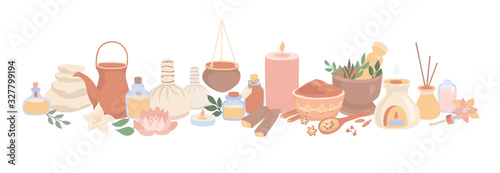 Vector illustration Ayurveda in modern flat style. Hand drawn elements for Ayurvedic massage and Aromatherapy. Long horizontal banner on Spa, Wellness, Body Care theme.