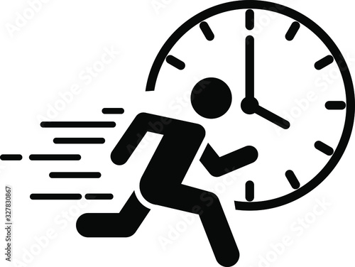 A running man with clock icon, immediate icon, vector