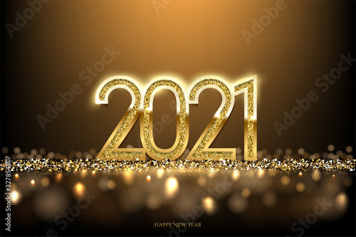 Happy new year banner vector template. Winter holiday, christmas congratulations. Festive postcard, luxurious greeting card concept. 2021 number with golden glitter illustration with text space.