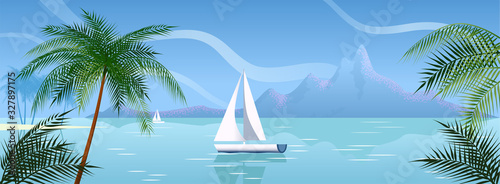 White yacht in the sea. Panorama of a tropical island surrounded by the ocean. Peaceful seascape on a sunny day. Shore with palm trees. Vector illustration. Without people. Sailing yachts. Vacation