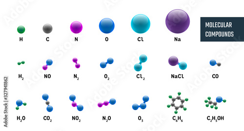 Collection of molecular chemical models combinations from hydrogen oxygen sodium carbon nitrogen and chlorine. Vector molecules set illustration isolated on white background