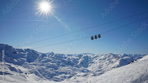 Val Thorens, France - February 20, 2020: Winter Alps landscape from ski resort Val Thorens. 3 valleys