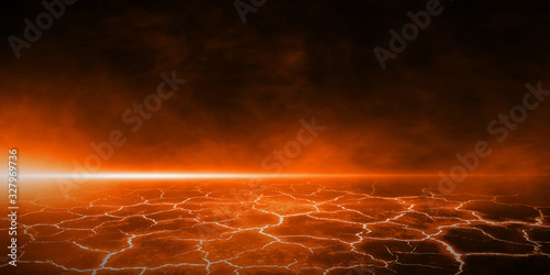 3D Rendering Abstract perspective heat red cracked ground texture after eruption volcano