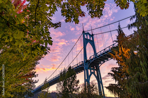 Portland, Oregon's St. Johns Bridge at Sunset in the Fall