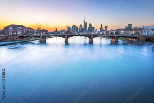 city at night, famous place frankfurt city. Frankfurt in the sunset with its great skyline in Germany