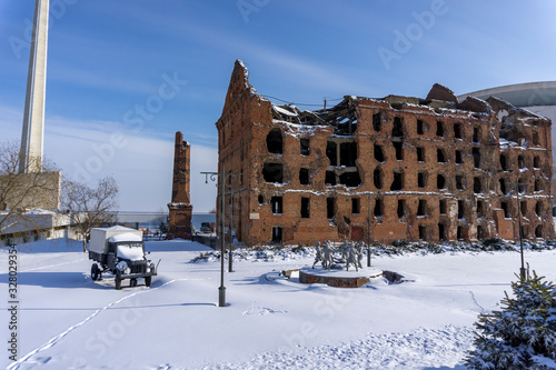 Volgograd. Russia-February 17, 2017. museum complex in Volgograd. The destroyed Gergardt mill and a copy of the monument-fountain "Barmaley", a German car next to the mill in Volgograd on the panorama
