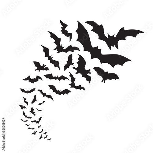 Flying bats group isolated on white background. Black night bat silhouettes 