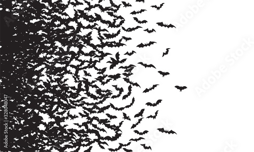 Black silhouette of flying bats isolated on white background. Halloween traditional design element.