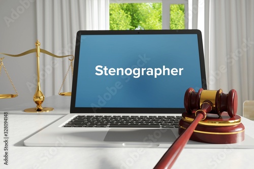 Stenographer – Law, Judgment, Web. Laptop in the office with term on the screen. Hammer, Libra, Lawyer.