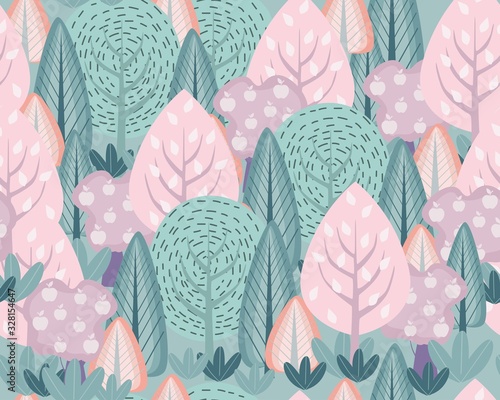 Hand drawn abstract scandinavian graphic illustration seamless pattern with trees and bush. Nordic nature landscape concept. Perfect for kids fabric, textile, nursery wallpaper.