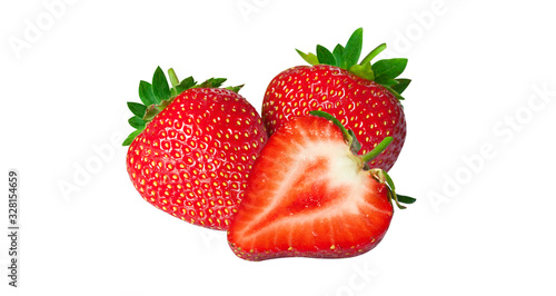Isolated strawberries. Fresh fruits, one cut in half on white background