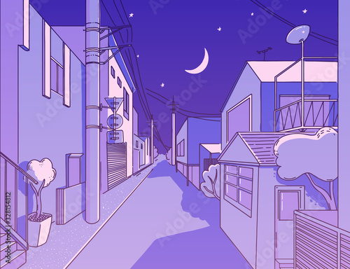 Night asian street in residental area. Peaceful and calm alleyway. Japanese aesthetics illustration, vector landscape for t shirt print. Otaku and hipster fashion design. Violet sky with stars, wires