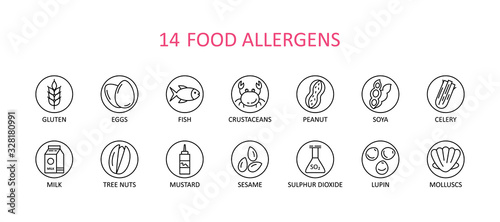 14 round food allergens icon. Vector set of 14 icons. Collection includes gluten, fish, egg, crustacean, peanut, lupin, soya, milk, trees nuts, mustard, sesame, sulphur dioxide.