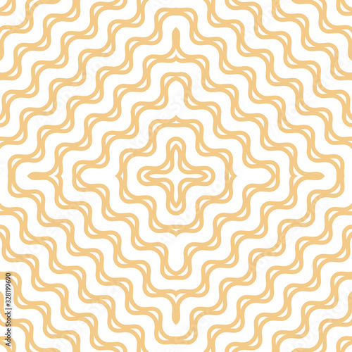 Yellow wavy seamless pattern. Abstract vector texture with concentric shapes, diagonal waves, curved lines, crosses, stripes. Stylish minimalist background. Modern repeatable design for decor, prints