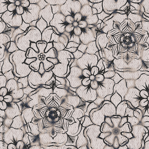 Seaumless neutral worn faded western white denim jean texture with tudor rose floral pattern overlay. Intricate mottled grungy seamless repeat raster jpg pattern swatch.