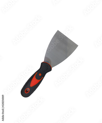 Closeup a new metallic putty knife isolated on white background. Single knife with black red rubber grip