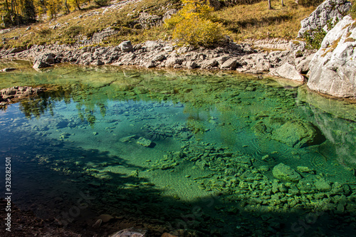 Green watercolor of mountain lake at Seven lakes, Bohinj