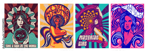 Set of four different covers or poster designs of psychedelic girls in modern stylised style, colored vector illustration