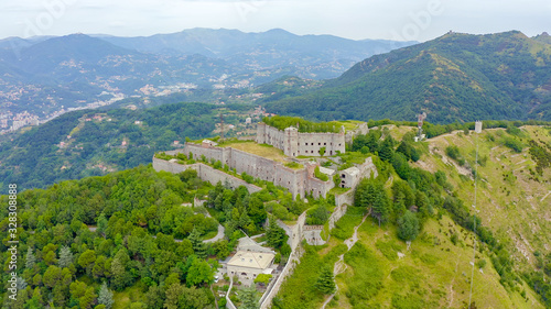 Genoa, Italy. Forte Sperone is a key point of the 19th-century Genoese fortifications and is located on top of the Mura Nuove. View of Genoa, Aerial View