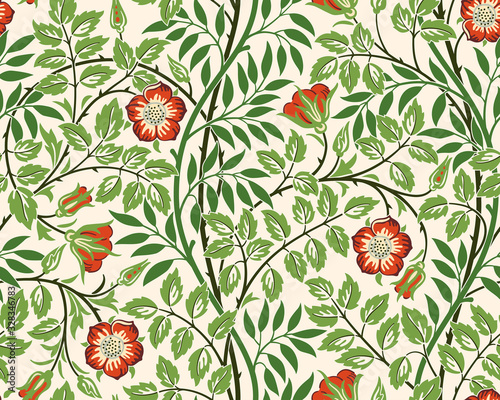 Vintage floral seamless pattern background with red roses and foliage on light background. Vector illustration.