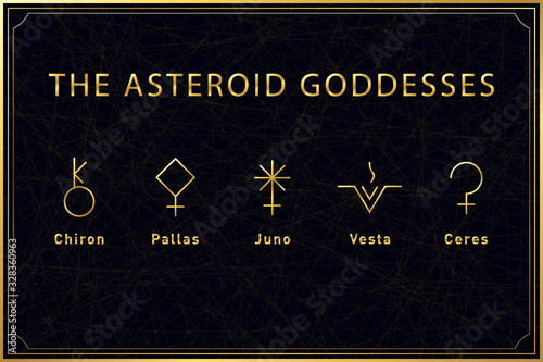 Set of alchemical golden symbols of the asteroid goddesses on dark background. Sacred geometry. Vector illustration.
