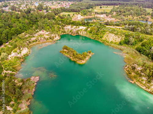 Basalt lake, Ukraine. Drone shot