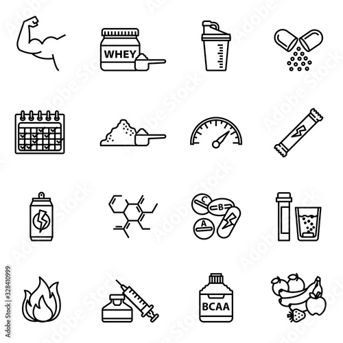 Fitness, gym ,sport supplements icons set. Sport nutrition for power, protein and vitamin for fitness. Thin line style stock vector.