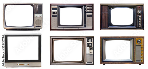 set of classic vintage retro style old television with cut screen, old tv isolated on white background