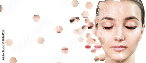 Beautiful female face made from faces parts in hexagon shape.