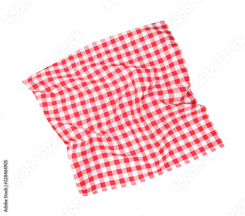 Red checked picnic cloth top view,kitchen towel.