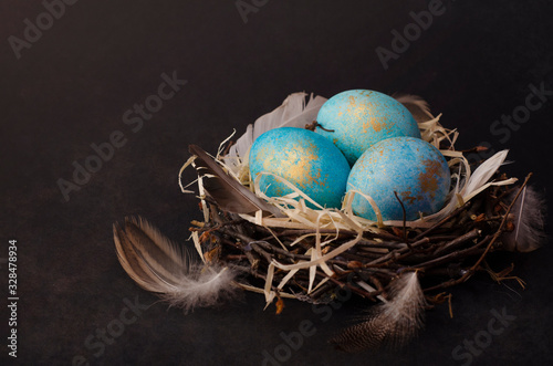 Easter eggs in a nest on dark background . Copy space, Ester holiday postcard concept.