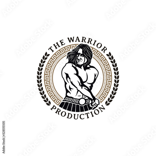 Hercules Heracles Taking Out a Sword, Muscular Myth Greek Warrior Ready to Battle Fight War with Circle Emblem Badge Pattern Frame Leaf Wreath Logo Design