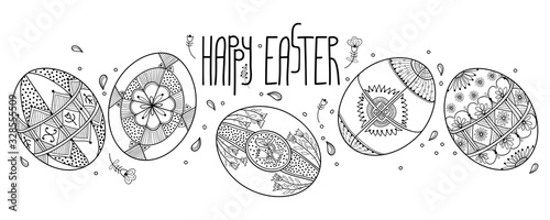 Greeting card with outline ethnic Ukrainian Easter egg Pysanka in black isolated on white background.