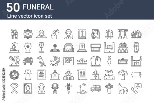 set of 50 funeral icons. outline thin line icons such as customer service, black ribbon, wreath, graveyard, funeral, wreath, military