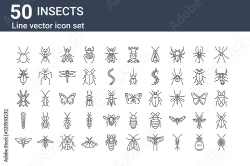 set of 50 insects icons. outline thin line icons such as centipede, bug, caterpillar, tarantula, leaf insect, ant, butterfly